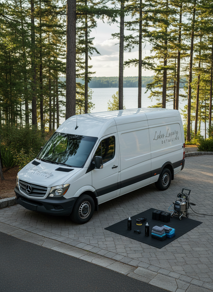 A pristine white mobile detailing van branded subtly with “Lakes Luxury Detailing” parked neatly on a lakeside residential driveway, surrounded by tall green pines and glimpses of blue lake water between the trees. The van’s paint is immaculate, with crisp reflections of the surrounding landscape. Nearby, an array of neatly arranged, high-end detailing equipment—polisher, bottles of product, microfiber towels, and a spotless pressure washer—rests on a clean rubber mat. Soft late afternoon sunlight filters through the trees, casting dappled highlights and gentle shadows. Shot from a slightly elevated angle with moderate depth of field, the composition feels professional and trustworthy, emphasizing reliability and on-site service in a photographic, realistic style.