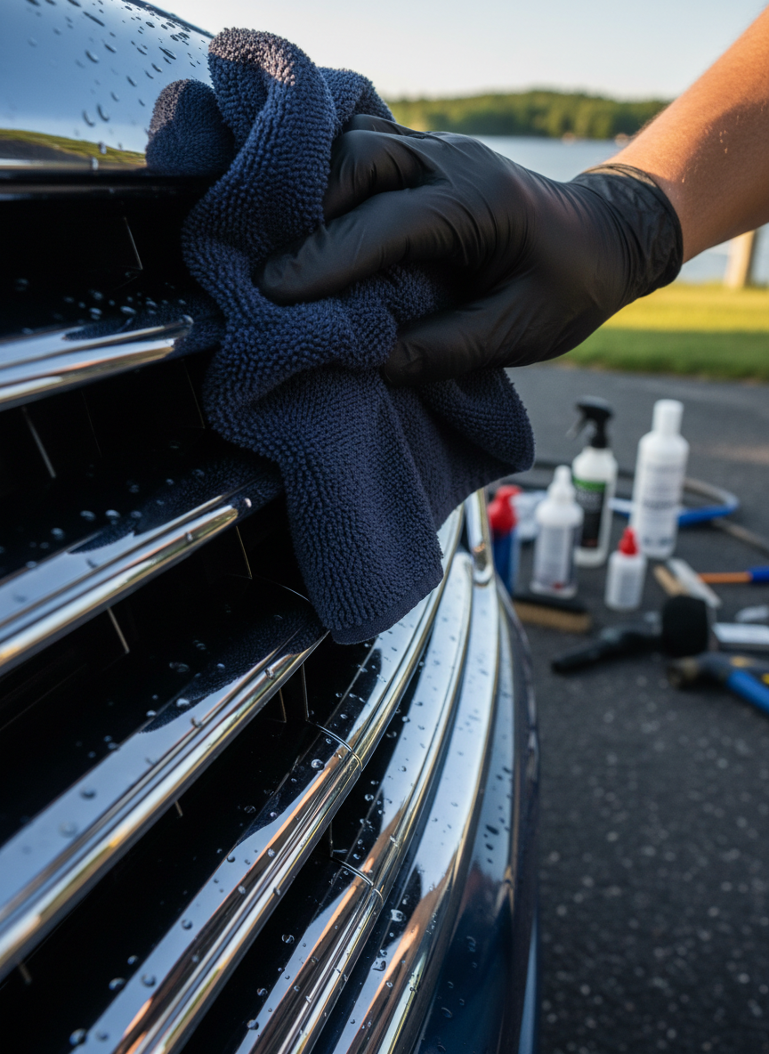 A tight, photographic close-up of a gloved hand holding a plush, navy microfiber towel gently buffing the chrome grille of a luxury sedan, parked near a tranquil New Hampshire lake. The chrome surface is spotless, with crisp reflections of rippling water and green shoreline trees distorted across its curves. Tiny droplets of water cling to adjacent paintwork, catching the soft, warm afternoon light. In the blurred background, detailing products and organized equipment rest on the pavement near the vehicle. Captured from a low-angle macro perspective with very shallow depth of field, the focus is on texture—soft microfiber, smooth chrome, and glossy paint. The mood is meticulous and professional, highlighting attention to detail in mobile car detailing.
