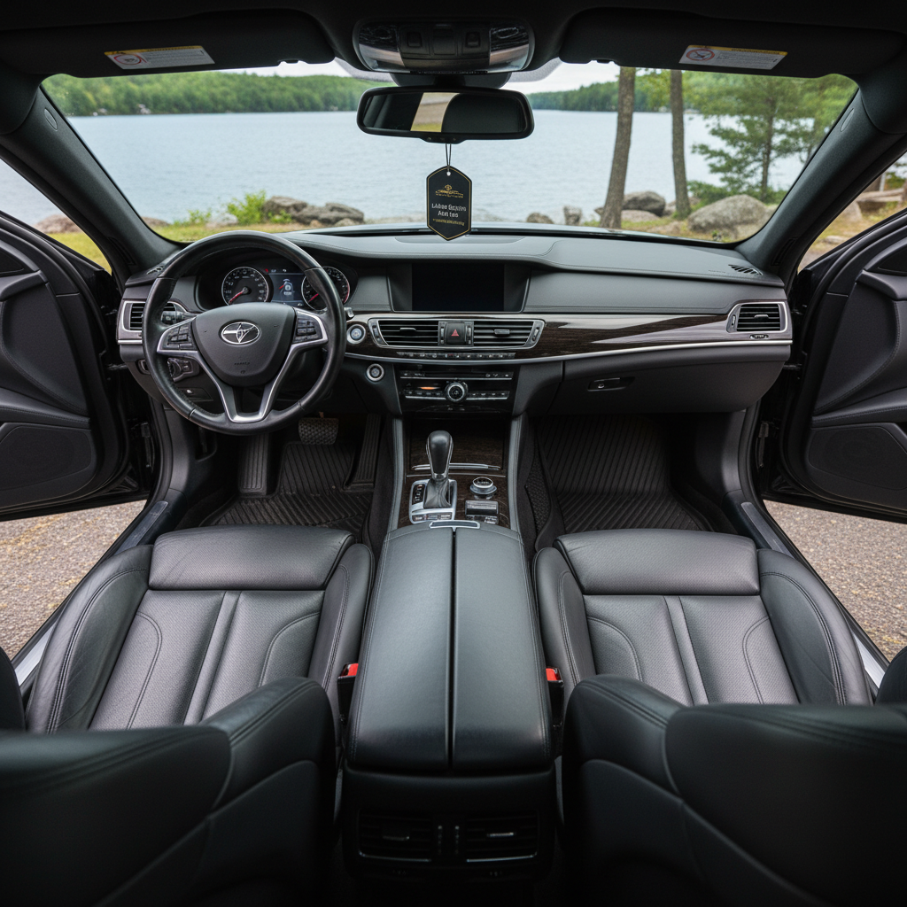An overhead, photographic view of a spotless black sedan interior, showcasing perfectly cleaned leather seats with subtle matte sheen, dust-free dashboard, and precisely aligned floor mats. The car is parked beside a quiet New Hampshire lakeside, hinted through the open driver-side door where a serene blue lake and rocky shoreline appear softly blurred in the distance. Natural diffused daylight enters from all windows, creating soft, even illumination with minimal harsh shadows. The composition emphasizes symmetry and order, with sharp focus throughout the cabin. The mood is calm, organized, and luxurious, visually expressing the premium interior detailing offered by a professional mobile car detailing service in the Lakes Region.