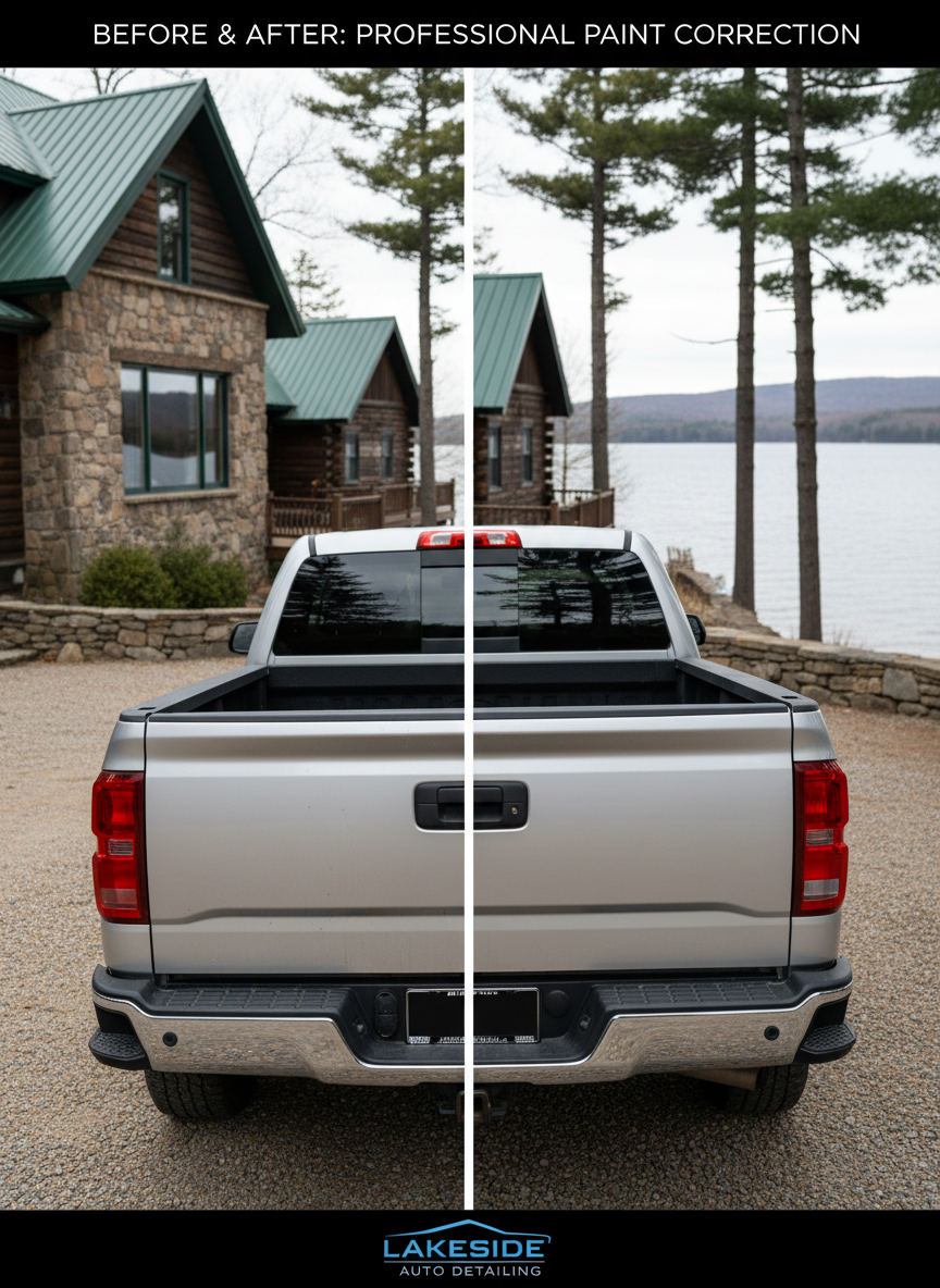 A dramatic, photographic before-and-after split image of a metallic silver pickup truck tailgate and rear quarter panel. The left side shows dull, oxidized paint with light swirl marks and road grime, while the right side reveals flawlessly polished, high-gloss paint that reflects the silhouette of nearby lakeside cabins and evergreen trees. The truck is parked on a gravel driveway beside a rustic New Hampshire lake house, with the shimmering lake just visible in the blurred background. Cool, overcast daylight creates diffused, even lighting, reducing harsh reflections and emphasizing the contrast in surface quality. Composed straight-on at eye level, the mood is confident and transformative, clearly demonstrating the effectiveness of professional paint correction and detailing services.